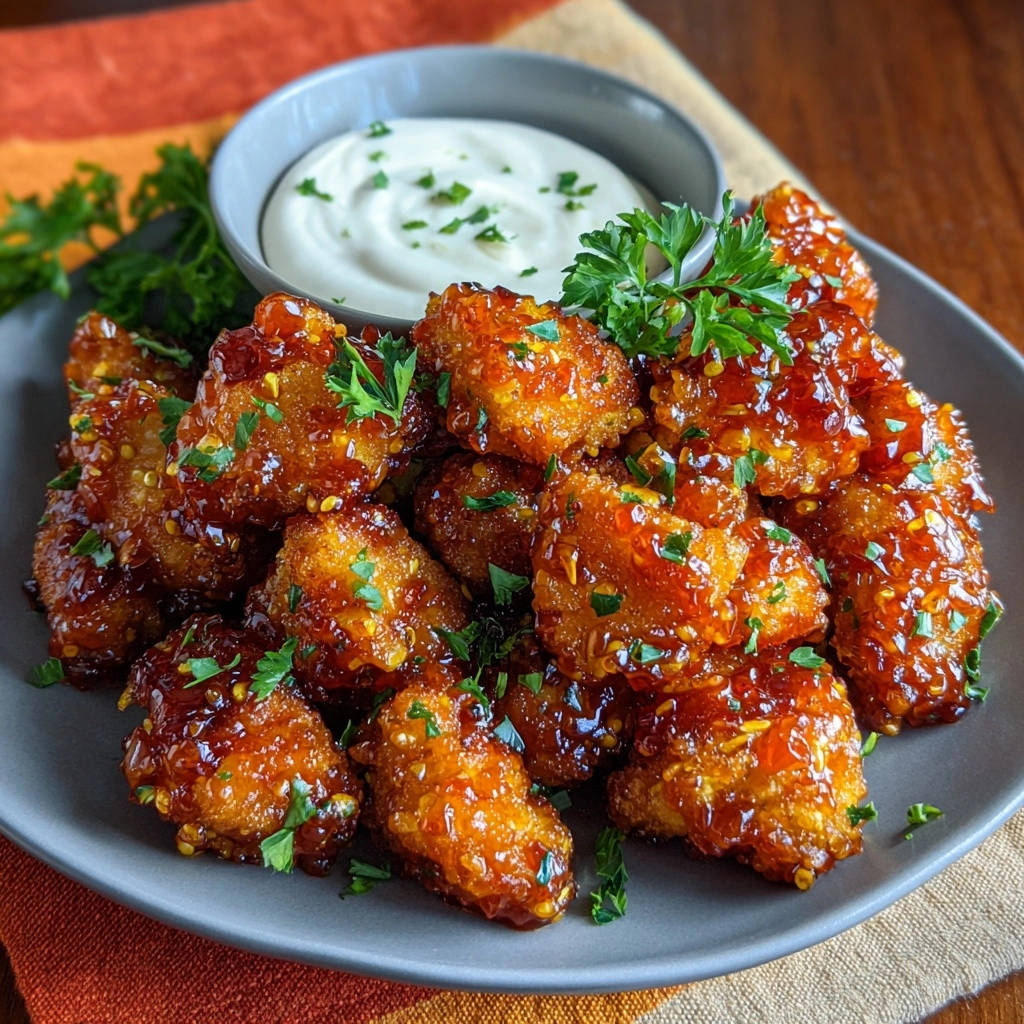 Sticky sweet chili chicken bites coated in a glistening glaze, garnished with fresh parsley.