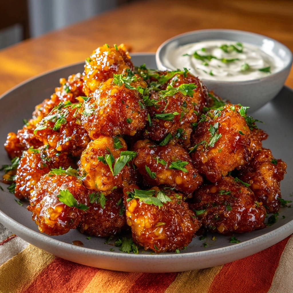 Sticky sweet chili chicken bites are piled high on a plate, glistening with sauce and generously garnished with fresh parsley.