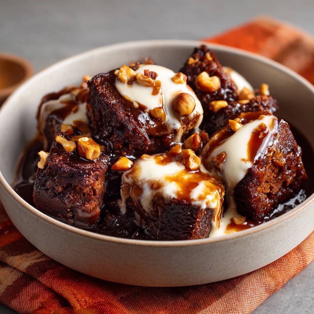 Sticky toffee pudding served in a bowl, topped with cream and nuts, showcasing its rich glaze.