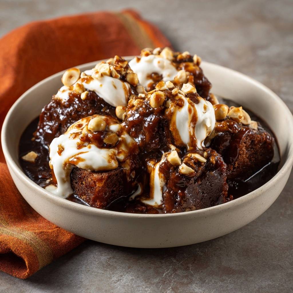 Sticky toffee pudding topped with whipped cream, a rich sauce, and chopped nuts.
