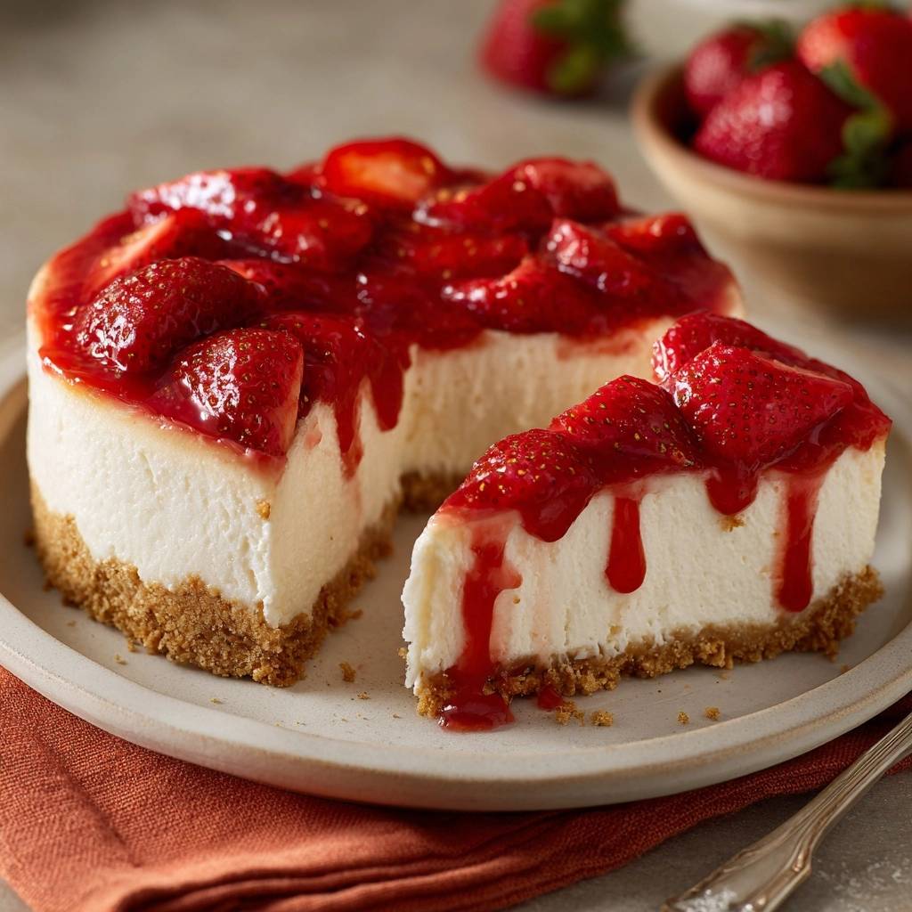 Strawberry cheesecake sliced to reveal a creamy cross-section with fresh strawberry topping.