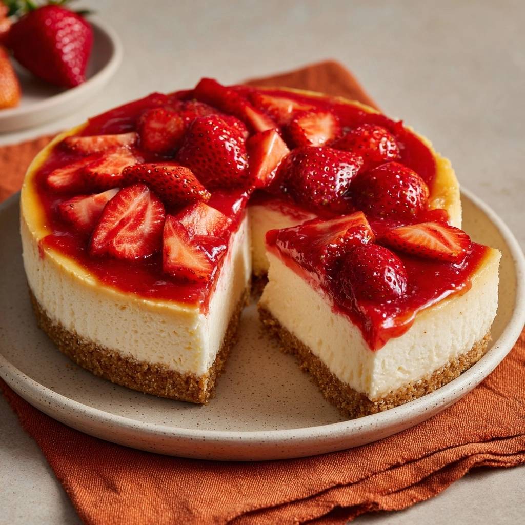 Strawberry cheesecake sliced to reveal its creamy interior, topped with fresh strawberries and sauce.