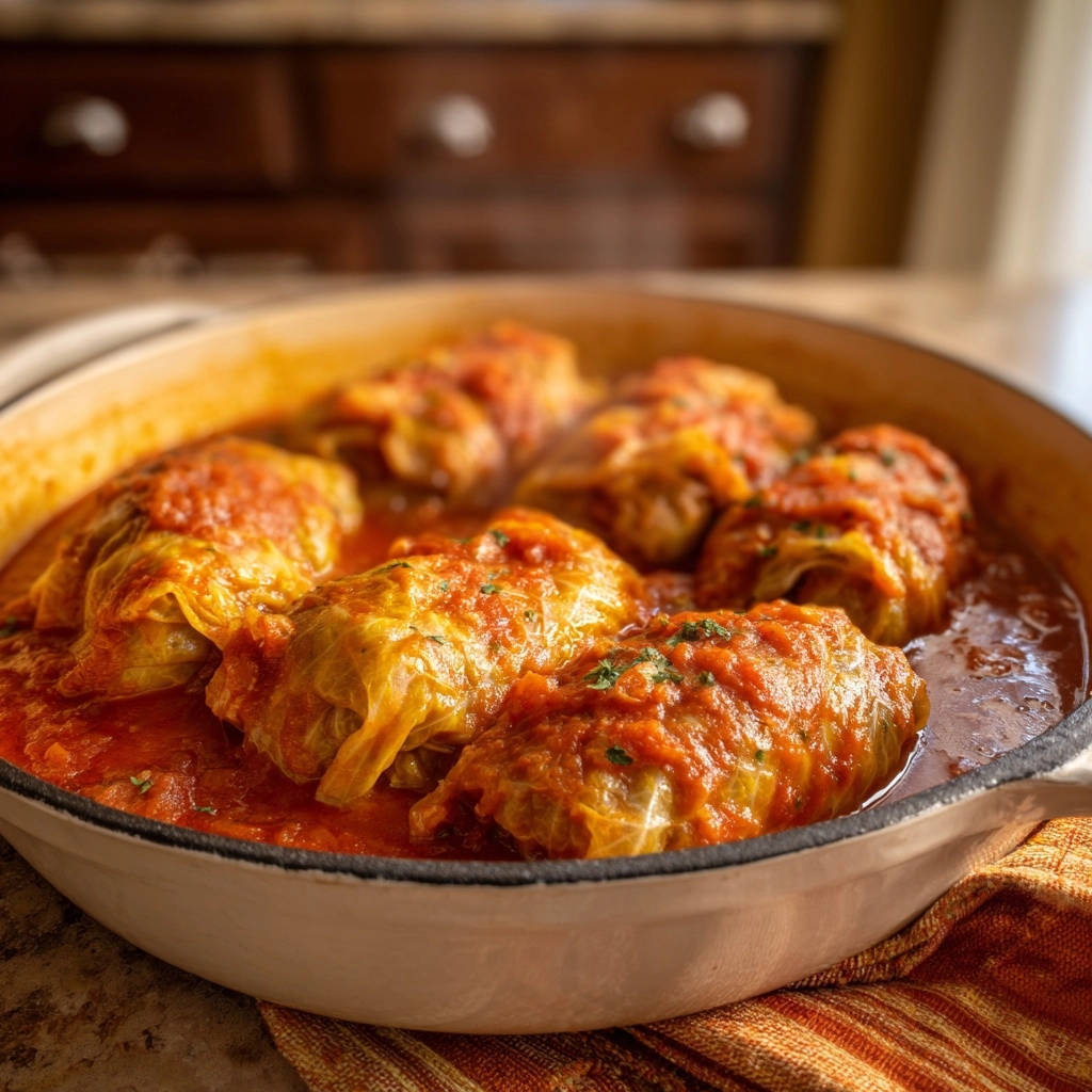 Classic stuffed cabbage rolls nestled in a rich tomato sauce in a white Dutch oven.