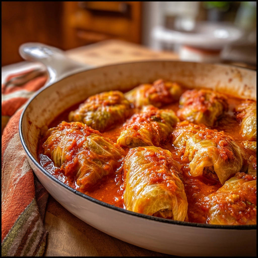 Classic stuffed cabbage rolls simmering in a rich tomato sauce in a white enameled pan.