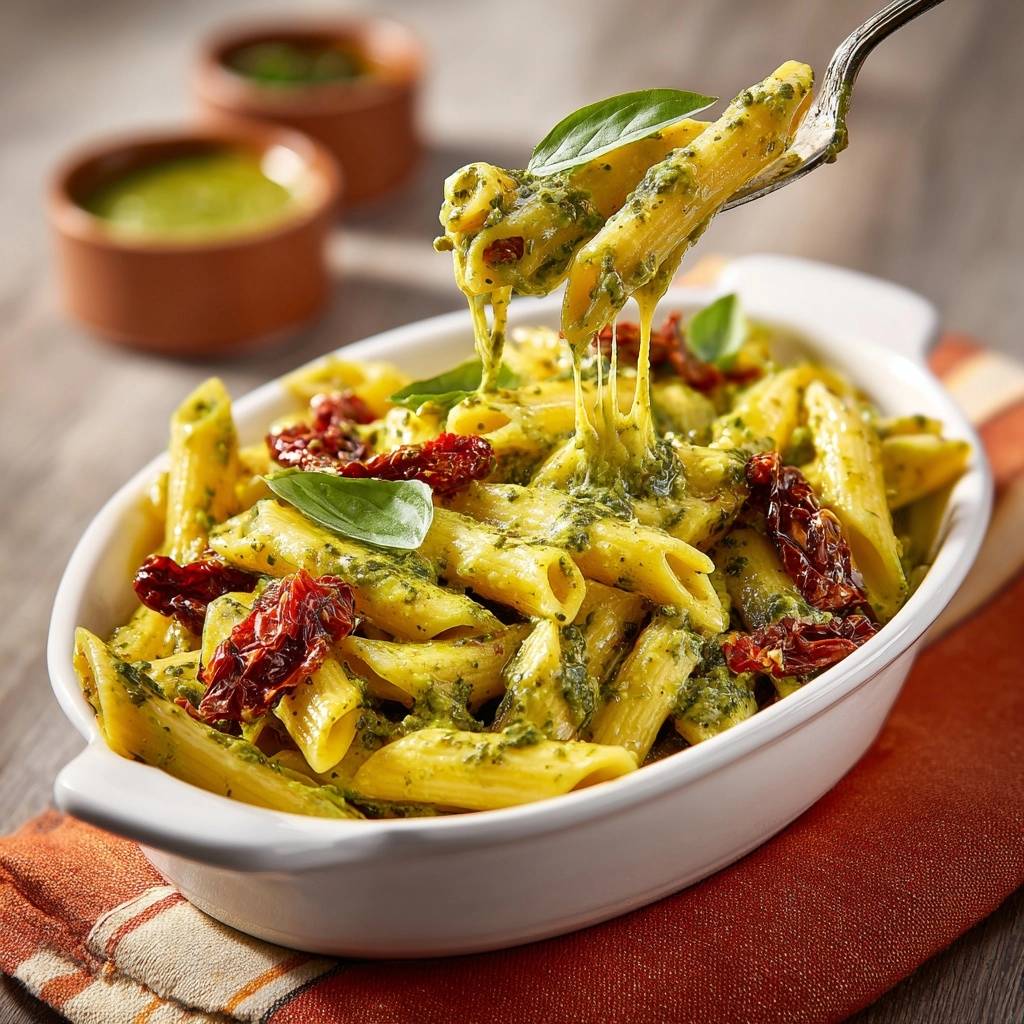 Sun-dried tomato pesto penne with a fork pulling cheesy pasta, showing a gooey cheese pull.