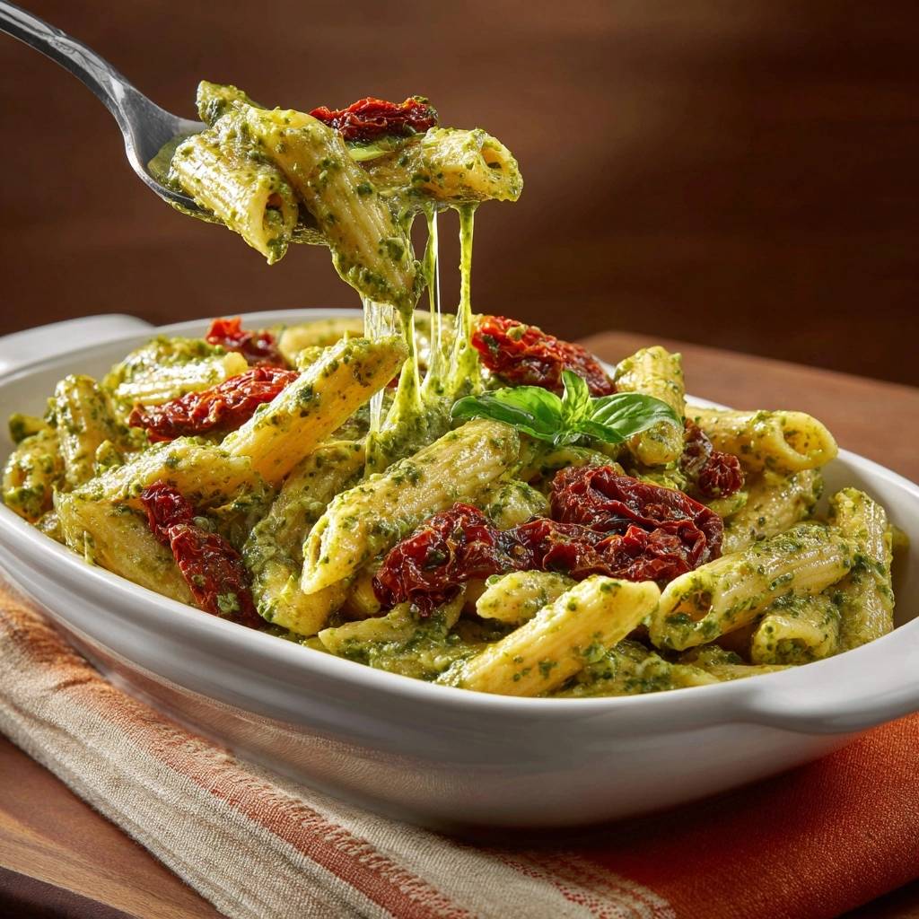 Sun-dried tomato pesto penne with silky emulsified sauce, with a fork lifting a portion showing cheesy strings.