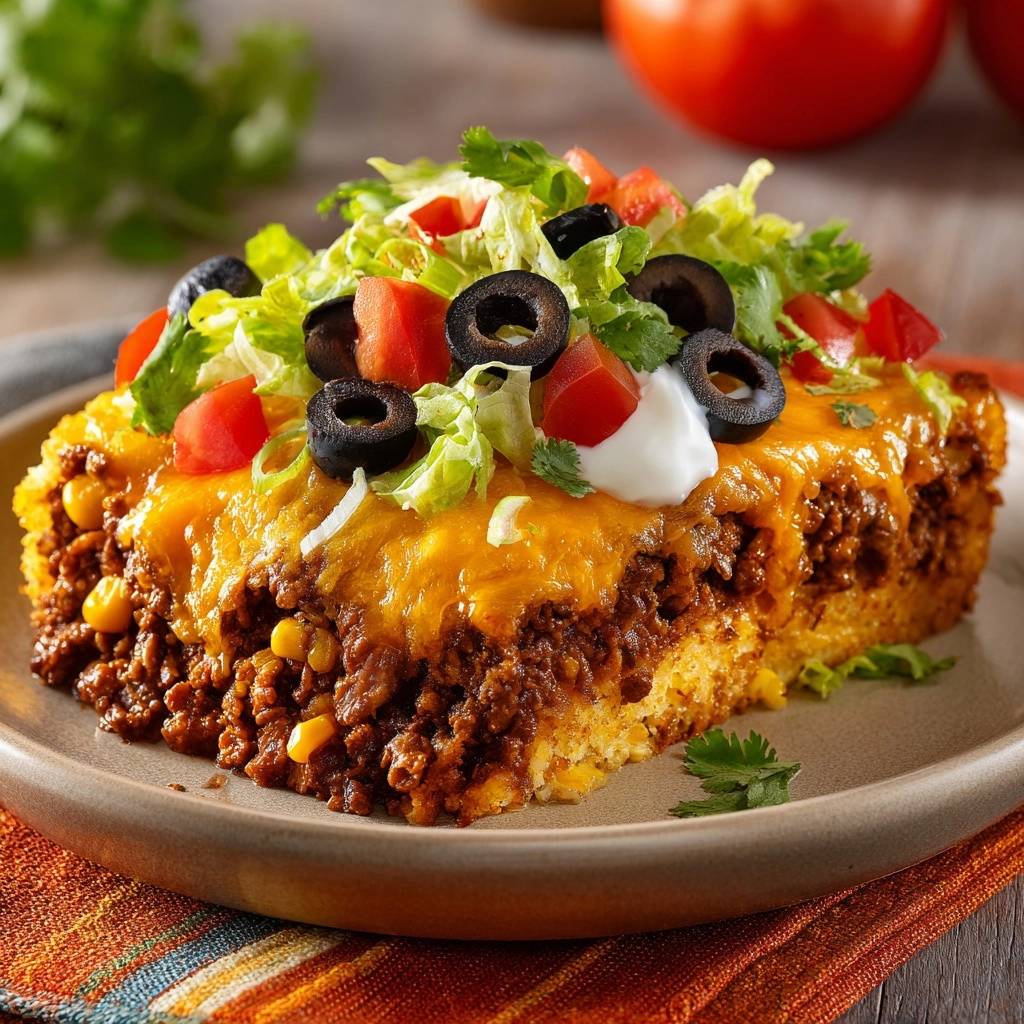 Taco cornbread casserole with a juicy meat filling shown in a cross-section slice topped with lettuce, tomatoes, and olives.