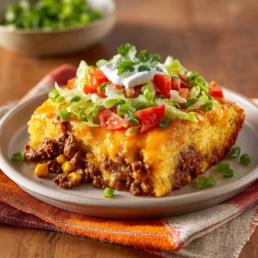 Taco cornbread casserole plated slice showing juicy meat and cheesy topping with fresh garnishes.