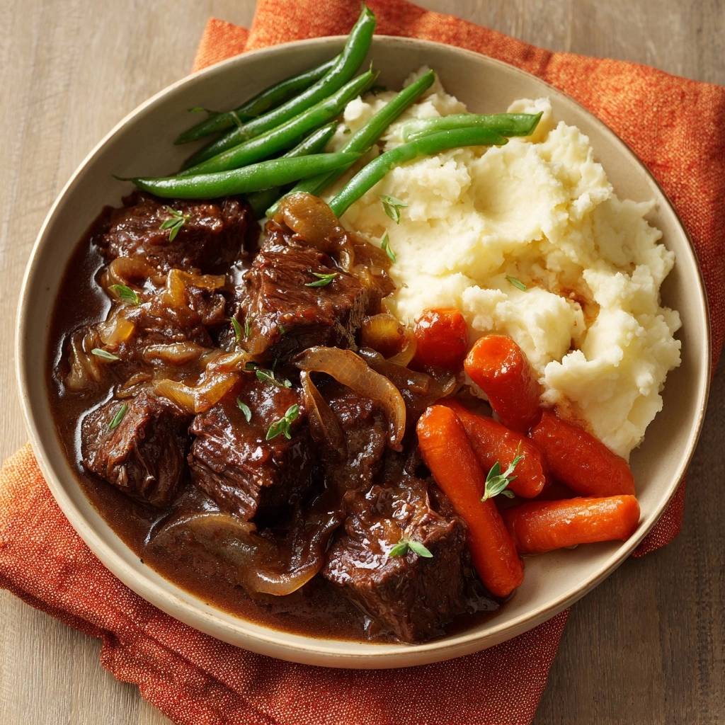 Tender beef stew with veggies and creamy mash plated with a side view of the hearty meal.