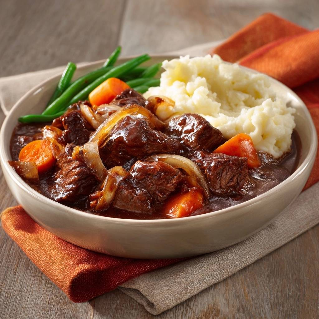 Tender beef stew with veggies and creamy mash served in a bowl with green beans and carrots.