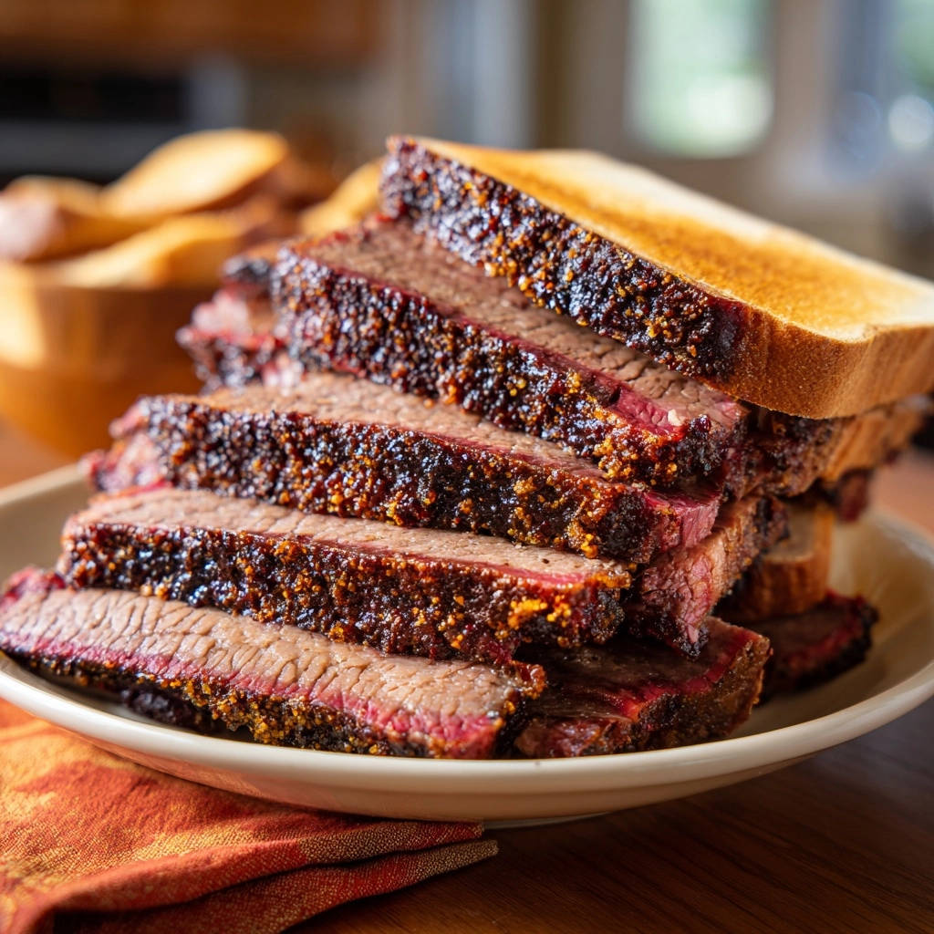 Slow-cooked Texas-style beef brisket, sliced and stacked with toast, showcasing the pitmaster bark.