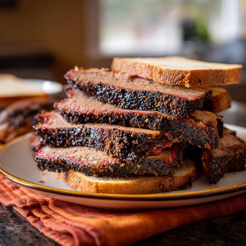 Slow-cooked Texas-style beef brisket stacked high on slices of bread, showcasing its dark bark.