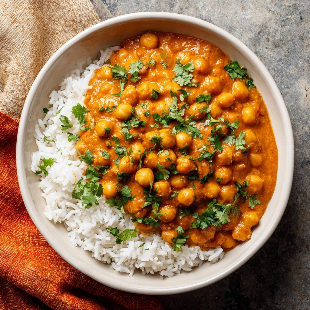 Rich tomato chickpea curry served in a bowl over white rice, garnished with fresh cilantro, viewed from above.
