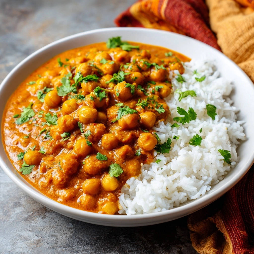 Rich tomato chickpea curry served in a white bowl with fluffy white rice and fresh cilantro garnish.