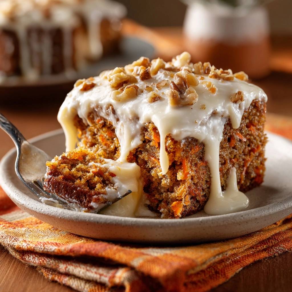 Ultimate carrot cake, a fork lifts a moist slice revealing the tender interior and cream cheese frosting.