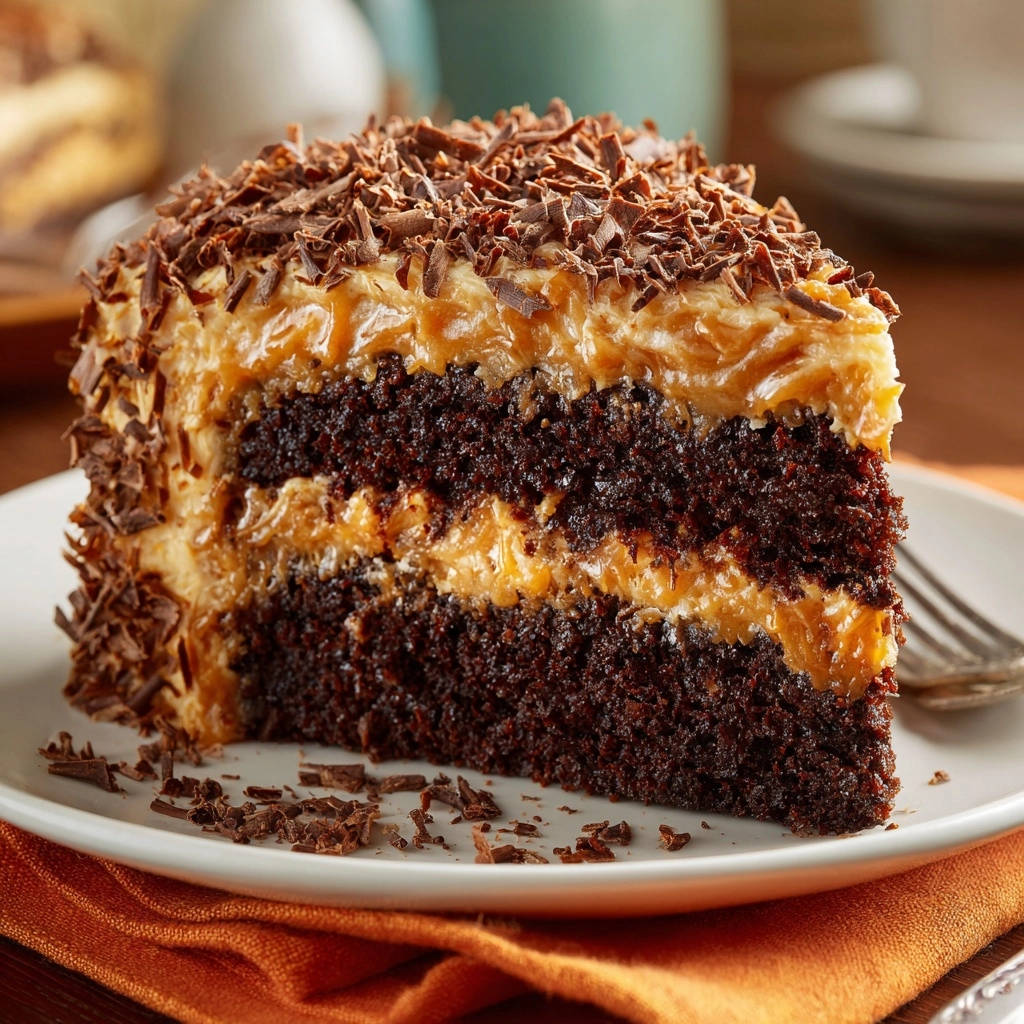 Ultimate Chocolate Layer Cake cross-section showing moist chocolate cake layers and creamy filling, topped with chocolate shavings.