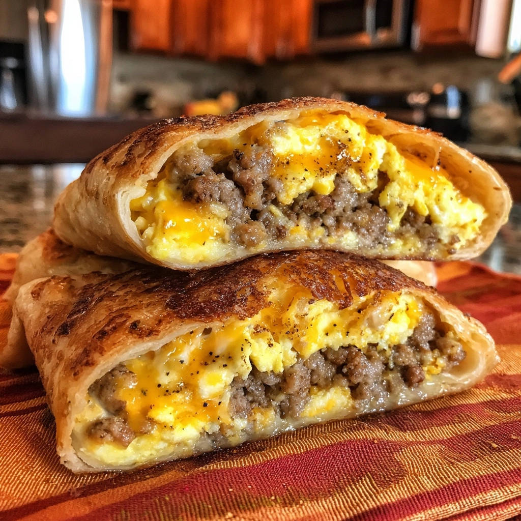 Ultimate crispy breakfast rolls shown in a close-up cross-section, revealing sausage, scrambled eggs, and melted cheese.