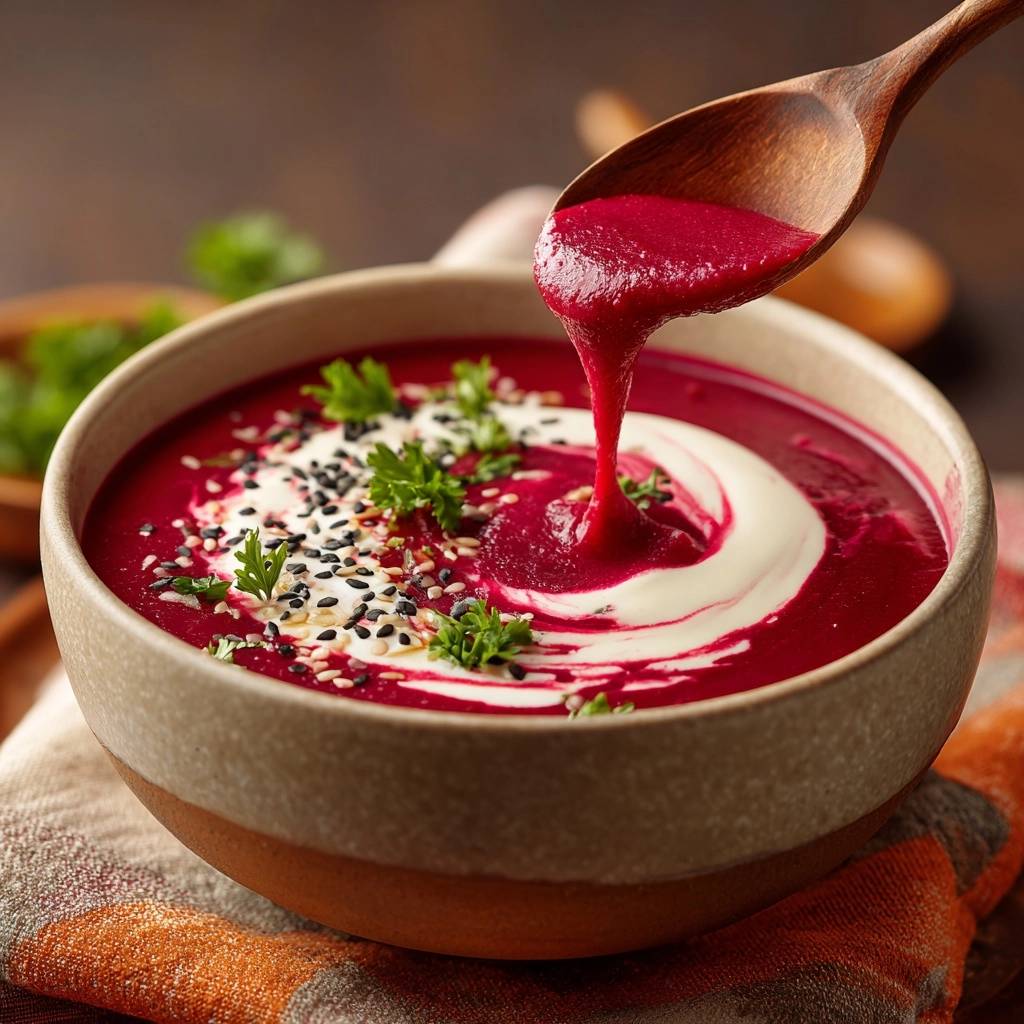 Velvety beet soup with a swirl of cream and fresh parsley garnish being drizzled from a wooden spoon.