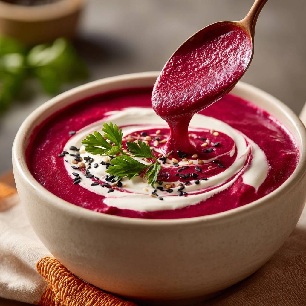 Velvety beet soup being poured from a wooden spoon into a bowl with cream swirl and garnish.