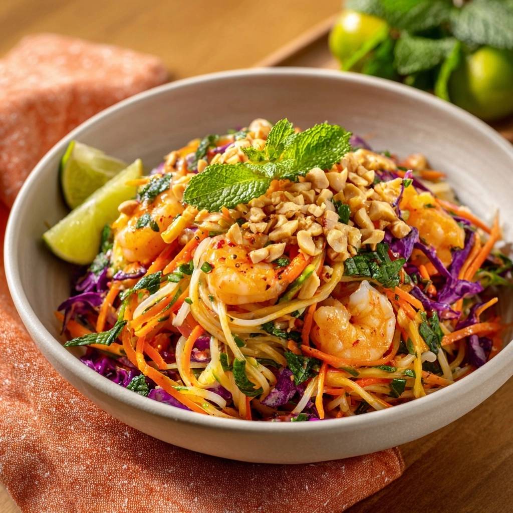 Vibrant shrimp rice noodle salad generously garnished with chopped peanuts and fresh mint sprigs, served with lime wedges.