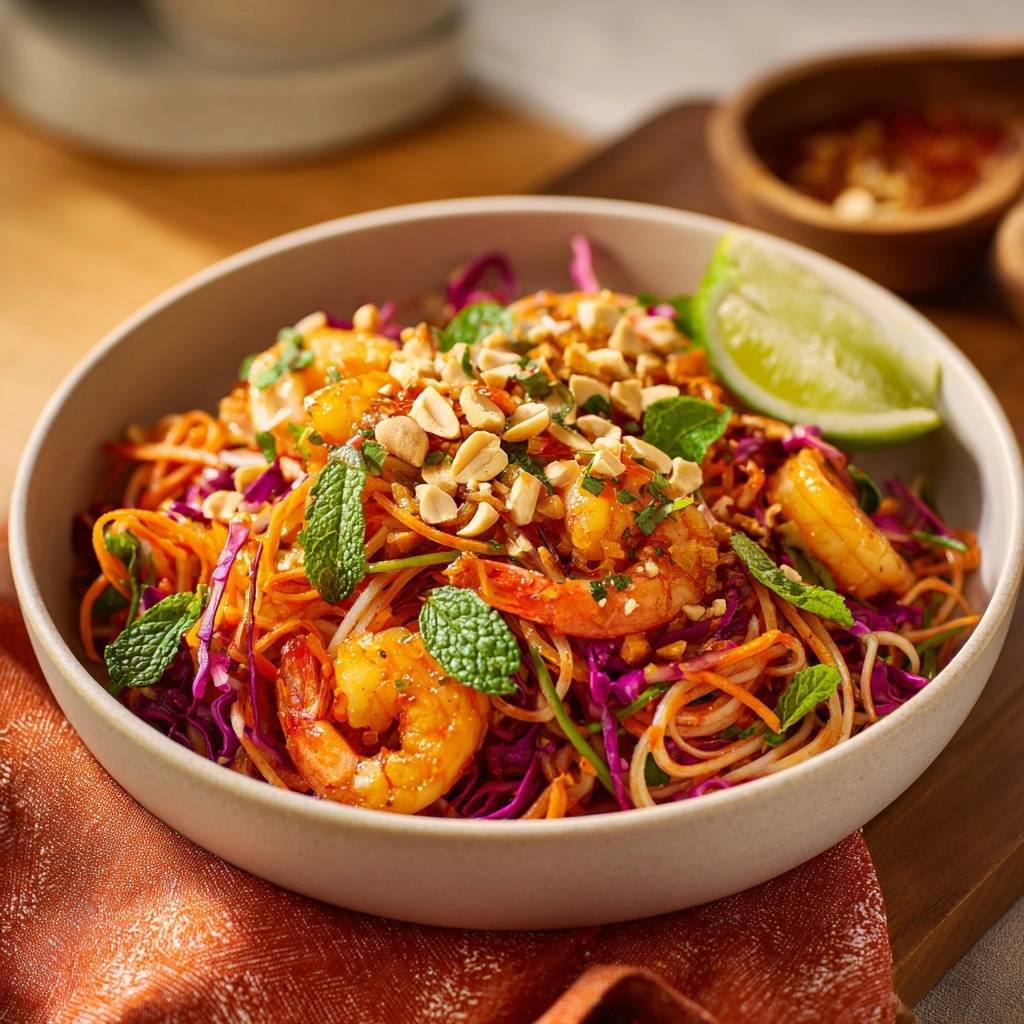Vibrant shrimp rice noodle salad served in a bowl, topped with chopped peanuts, fresh mint, and a lime wedge.