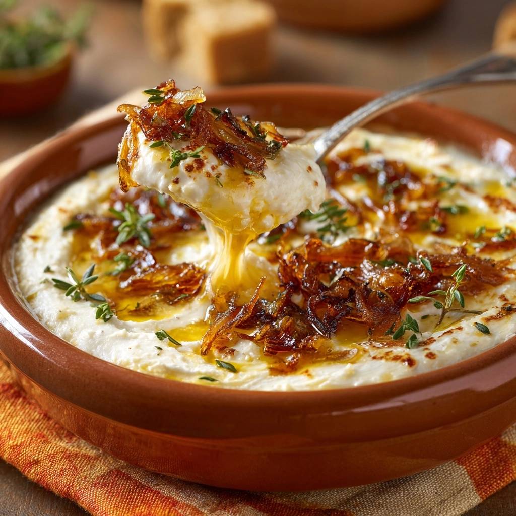 Whipped feta with crispy onions and honey thyme, with a spoonful showing its creamy texture and drizzle.
