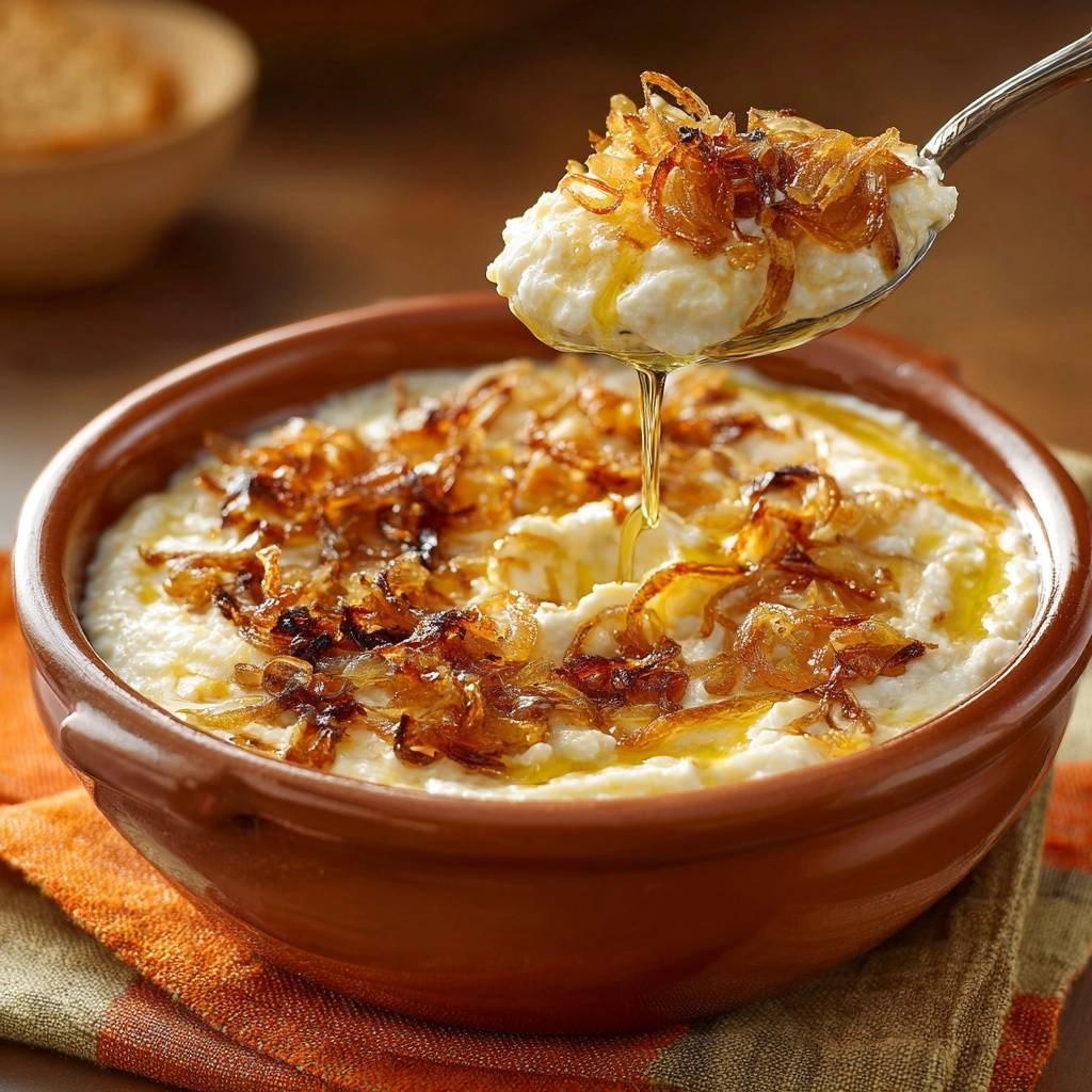 Whipped feta with crispy onions and honey thyme, with a spoonful being lifted, showing a drizzle of honey.