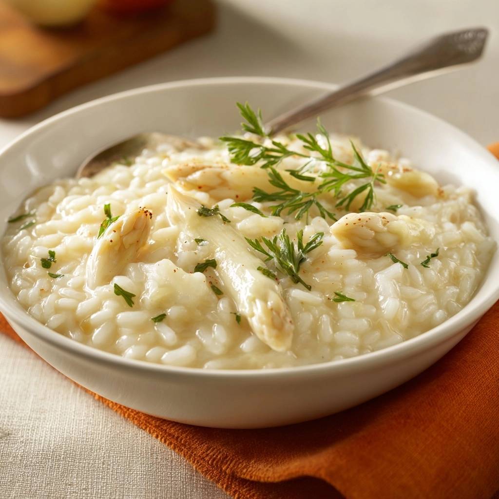 Creamy white asparagus risotto served in a white bowl, garnished with fresh parsley and a spoon.