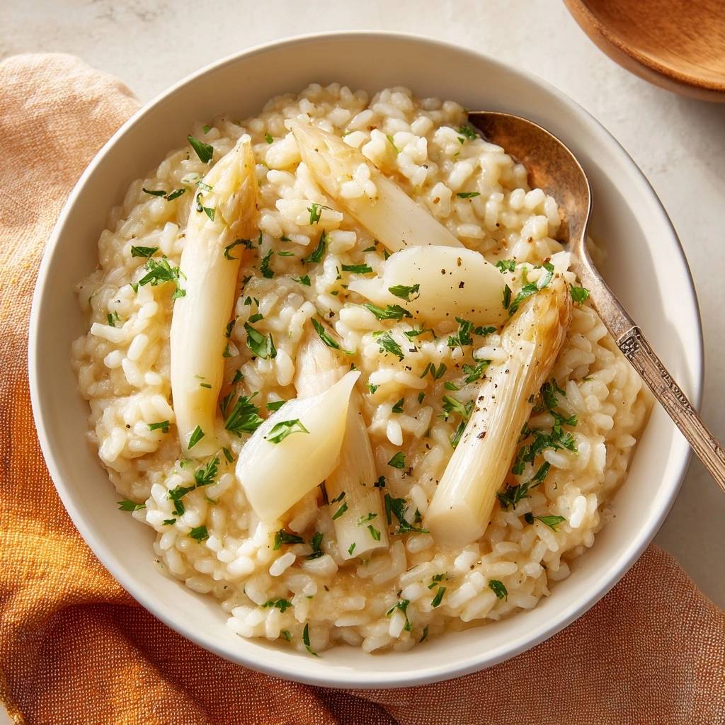 Creamy white asparagus risotto with a spoon resting in the bowl, garnished with fresh parsley.