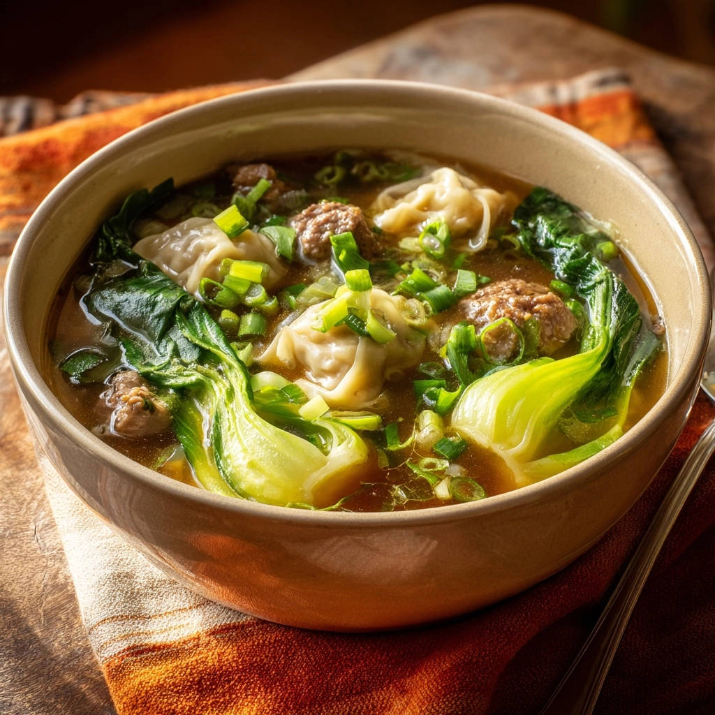 Easy wonton soup with bok choy served in a rustic bowl, garnished with fresh scallions.