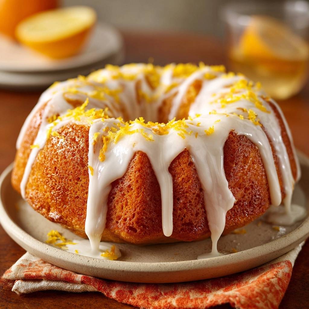 Zesty orange bundt cake with a glossy white glaze drizzled over the top and sprinkled with orange zest.