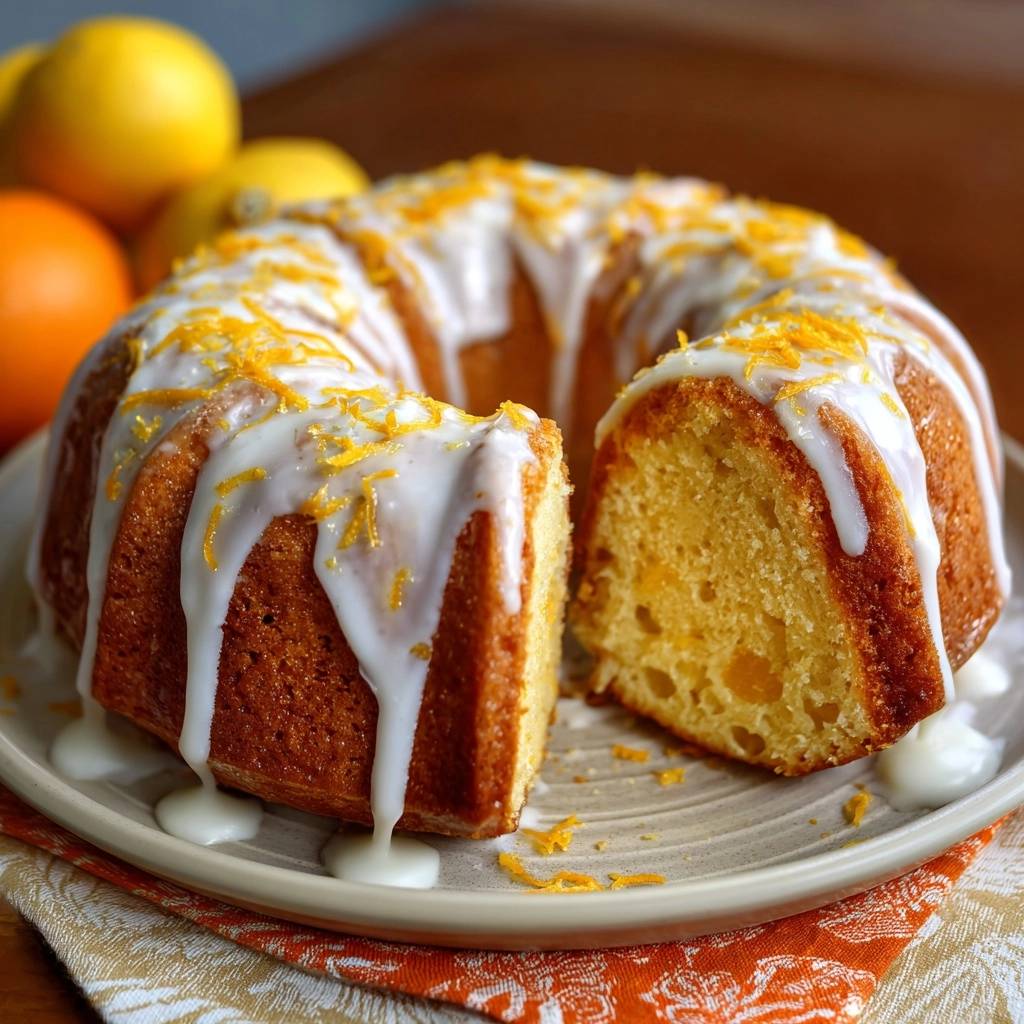 Zesty orange bundt cake with a slice cut out, showing the moist citrus crumb and bright orange zest garnish.