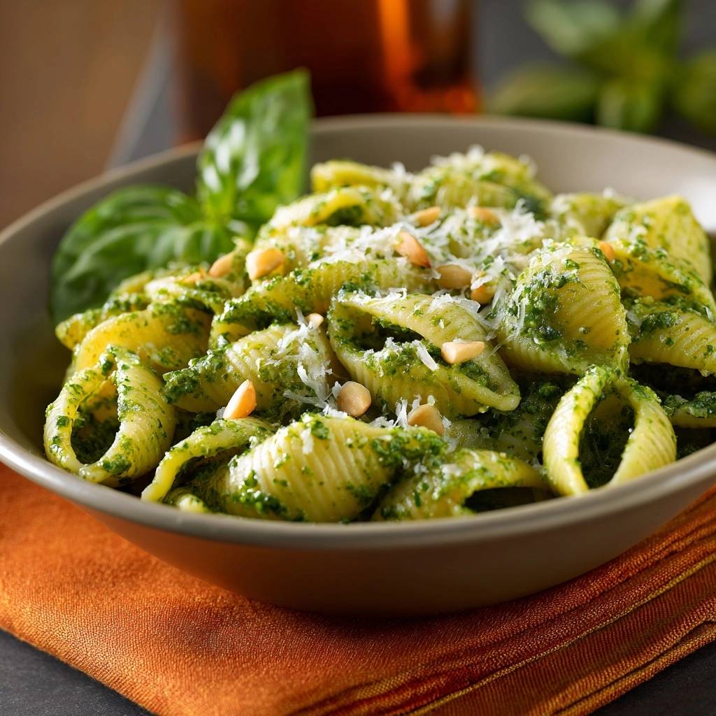 5-ingredient pesto pasta shells with vibrant green sauce shown in a close-up view of a bowl with pine nuts and basil.