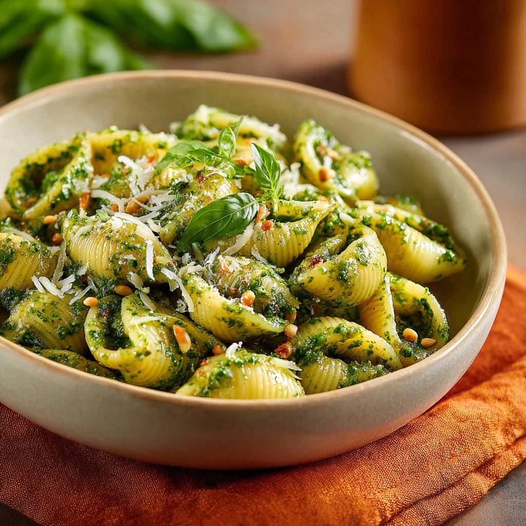 5-ingredient pesto pasta shells with vibrant green sauce shown in a close-up view with basil and pine nuts.