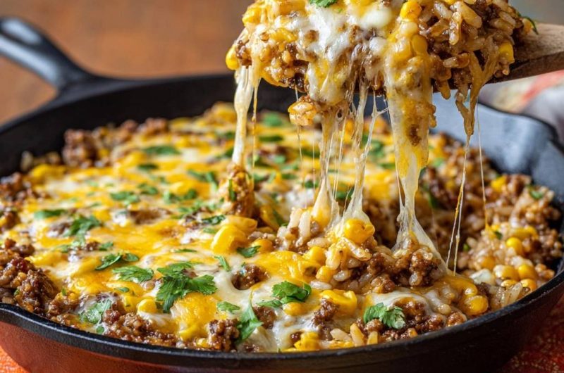 Cheesy Beef Corn Rice Skillet