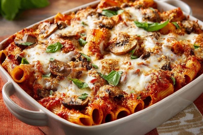 Cheesy Mushroom Rigatoni Bake