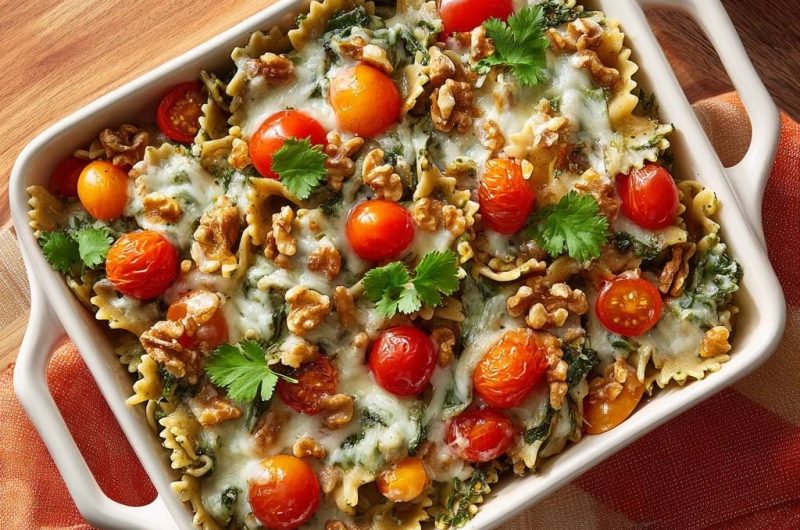 Cheesy Spinach Tomato Walnut Bowtie Pasta Bake