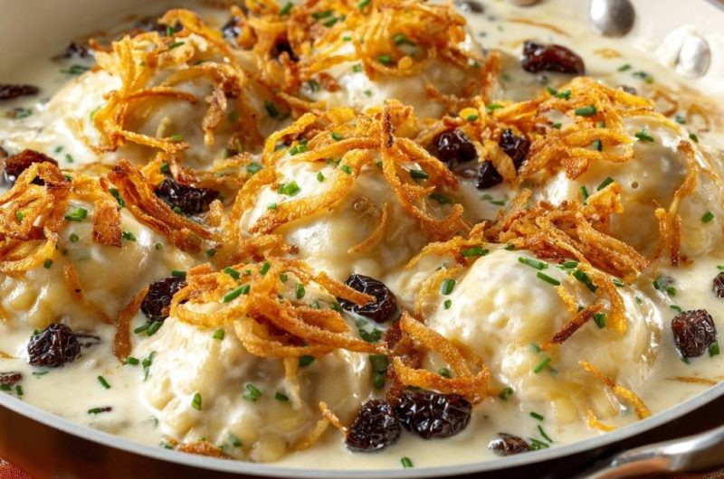 Creamy Cheese Pierogi with Raisins and Crispy Onions