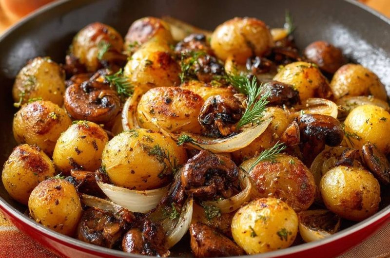 Crispy Baby Potatoes with Mushrooms, Onions and Dill