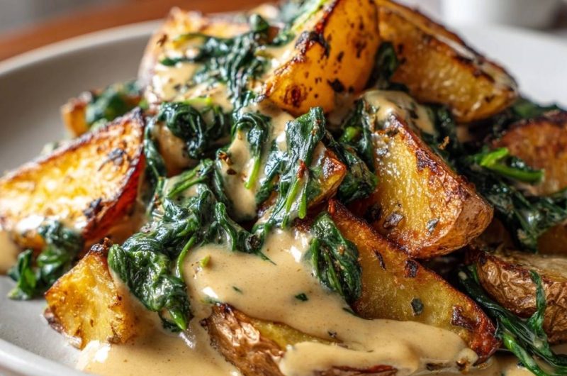 Crispy Roasted Potato Wedges with Creamed Spinach