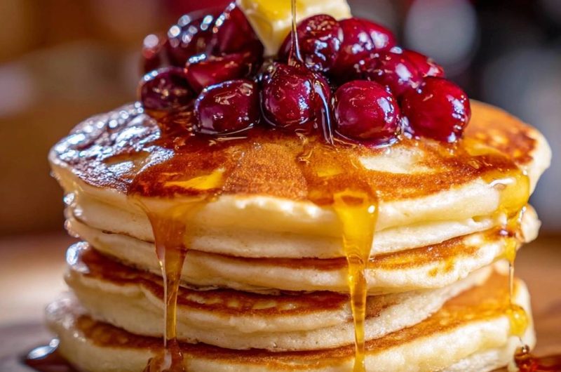 Fluffy Pancakes with Fresh Cherries