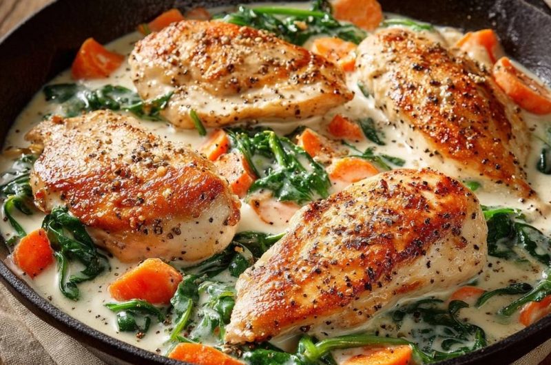One-Pan Creamy Chicken Skillet with Spinach & Carrots