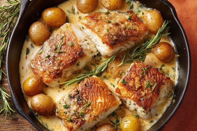 One-Pan Crispy Cod with Baby Potatoes and Rosemary Cream