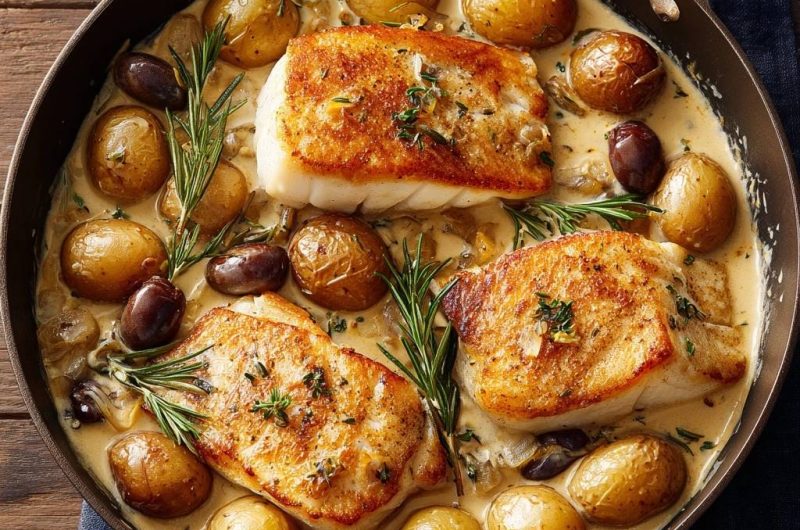 One-Pan Crispy Cod with Rosemary Potatoes and Olives