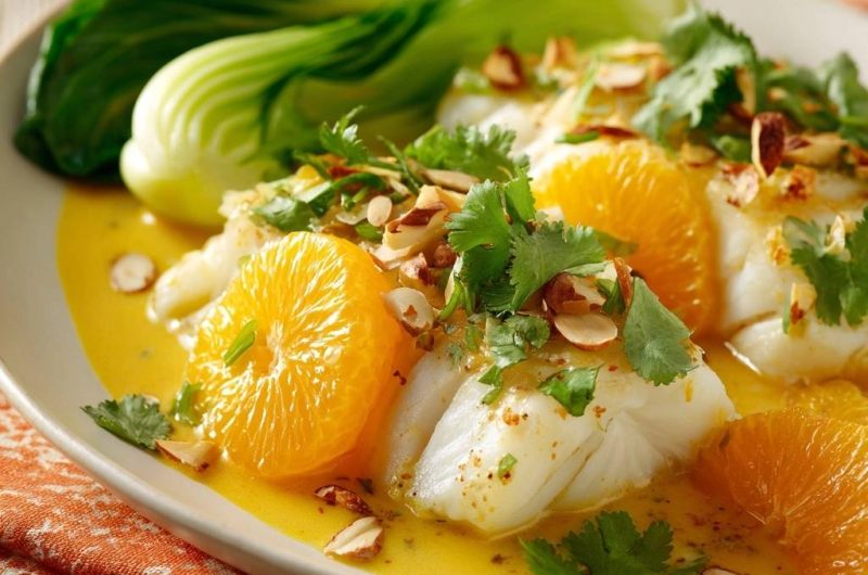 Orange Poached Cod with Bok Choy and Almonds