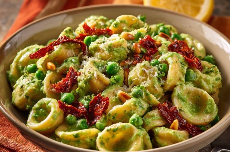 Orecchiette with Pea Pesto, Sun-Dried Tomatoes and Pine Nuts