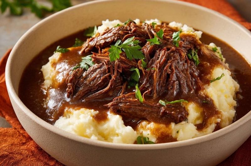 Shredded Beef Gravy over Creamy Mashed Potatoes