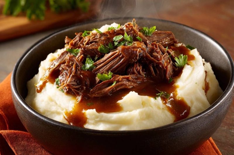 Shredded Beef over Creamy Mashed Potatoes
