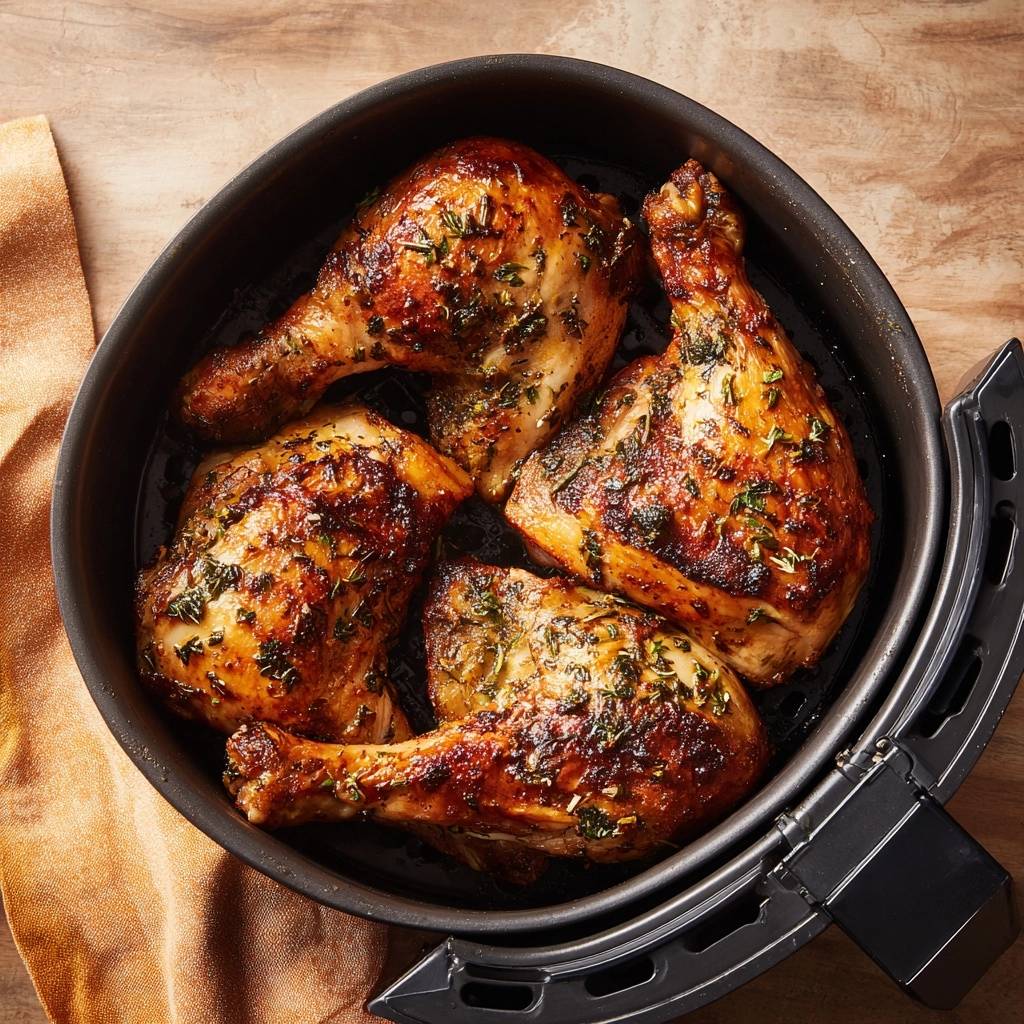 Air fryer herbed chicken thighs are arranged in a circular basket, viewed from directly above.
