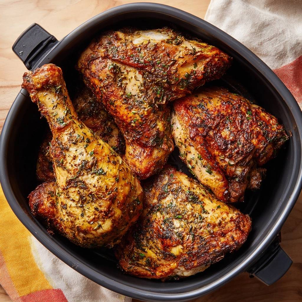 Air fryer herbed chicken thighs shown from an overhead view nestled together in the air fryer basket.